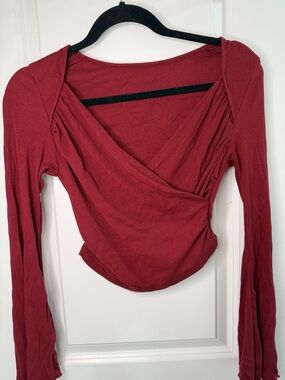 Ribbed Wrap-Front Long Sleeve Top - Burgundy